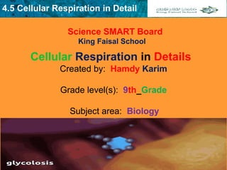 4.5 Cellular Respiration in Detail
Science SMART Board
King Faisal School
Created by: Hamdy Karim 
Grade level(s): 9th_Grade 
Subject area: Biology
Cellular Respiration in Details
 