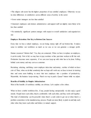 • The religion sub-sector has the highest proportion of very satisfied employees. Otherwise we see
no clear differences in satisfaction across different areas of activity in the sector
• Fewer senior managers are less than satisfied
• Unionized employees and clerical, administrative and support staff are slightly more likely to be
less than satisfied
• No statistically significant pattern emerges with respect to overall satisfaction and organization
size
Employee Retention: Our Key to Bottom Line Success
Every time we lose a valued employee, we are losing money right off our bottom line. It makes
sense to stabilize our workforce as much as we can, so we can generate a stronger profit.
Human resources? Bottom line? Yes, they are connected. When we have to replace an employee,
it can be costly. First of all, we may have to pay overtime or hire part-time workers to fill the void.
Production becomes more expensive, if we can even keep up with what has to be done. Falling
behind costs money and may cost us a customer.
Recruiting, selecting, and hiring a new employee takes time and money…neither of which we have
a lot of. Then, when we do find somebody that we hope will work out, we have to invest in training
time and some team building to move that new employee into a position of productivity.
Meanwhile, the business keeps moving. There's no way to push a "pause" button while we adjust.
Benefits of Stability in Simplex Infrastructure
Most of the benefits of workforce stability are obvious. Let's explore a few others.
When we have a stable workforce-few, if any, people leaving unexpectedly we also enjoy a good
morale. People know each other, they're comfortable with each other, and they work well together.
This kind of relationship can be powerful when there's a rush order to get out or when there's a
problem somewhere in the manufacturing process. People are more likely to pitch in and help each
other when they know each other and believe in mutual support.
 