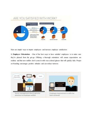 Here are simple ways to inspire employees and increase employee satisfaction:
1. Employee Orientation – One of the best ways to have satisfied employees is to make sure
they’re pleased from the get-go. Offering a thorough orientation will ensure expectations are
realistic and that new staffers don’t come in with rose-colored glasses that will quickly fade. Proper
on boarding encourages positive attitudes and can reduce turnover.
 