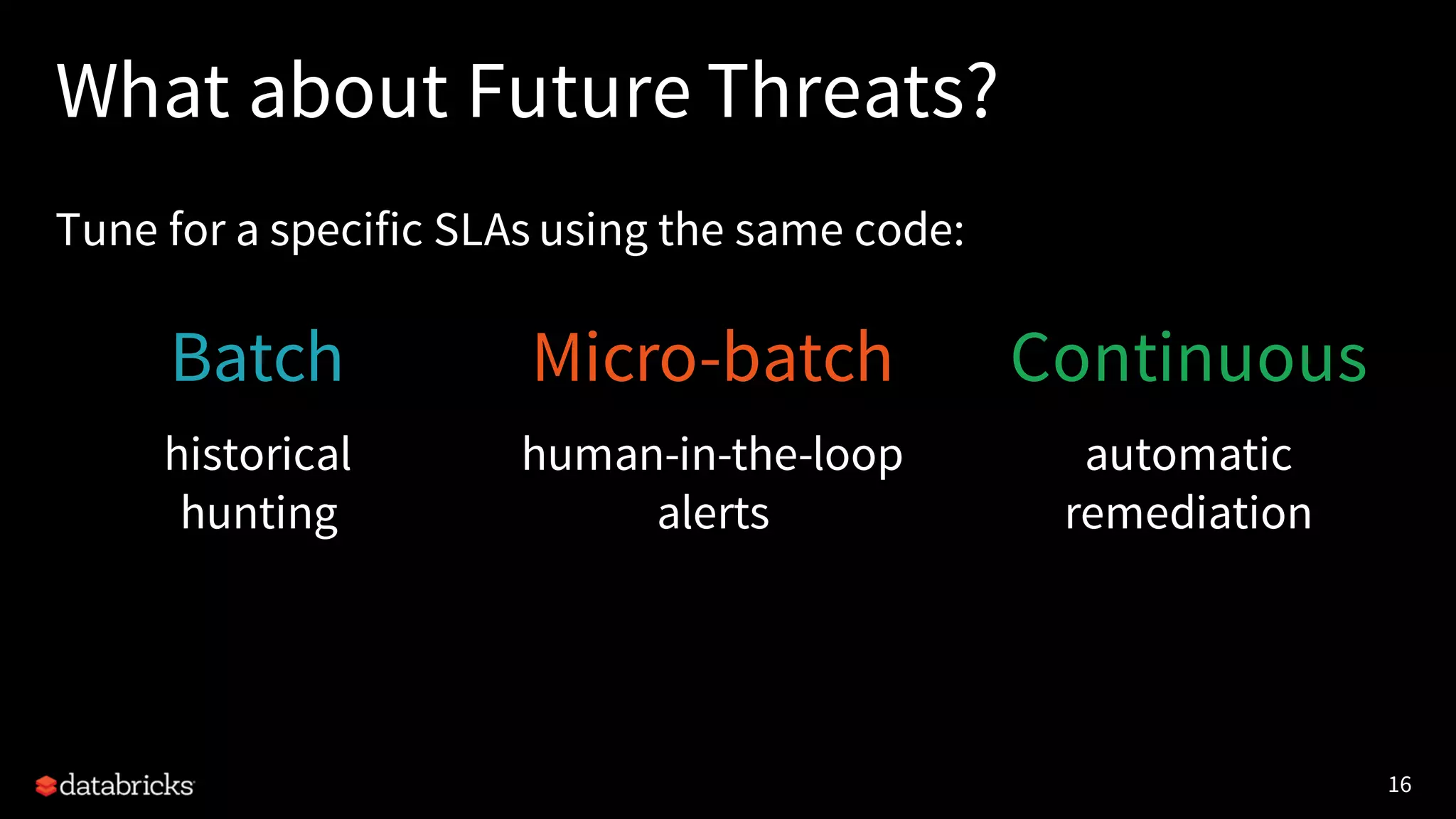 16
What about Future Threats?
Tune for a specific SLAs using the same code:
Batch
historical
hunting
Micro-batch
human-in-the-loop
alerts
Continuous
automatic
remediation
 