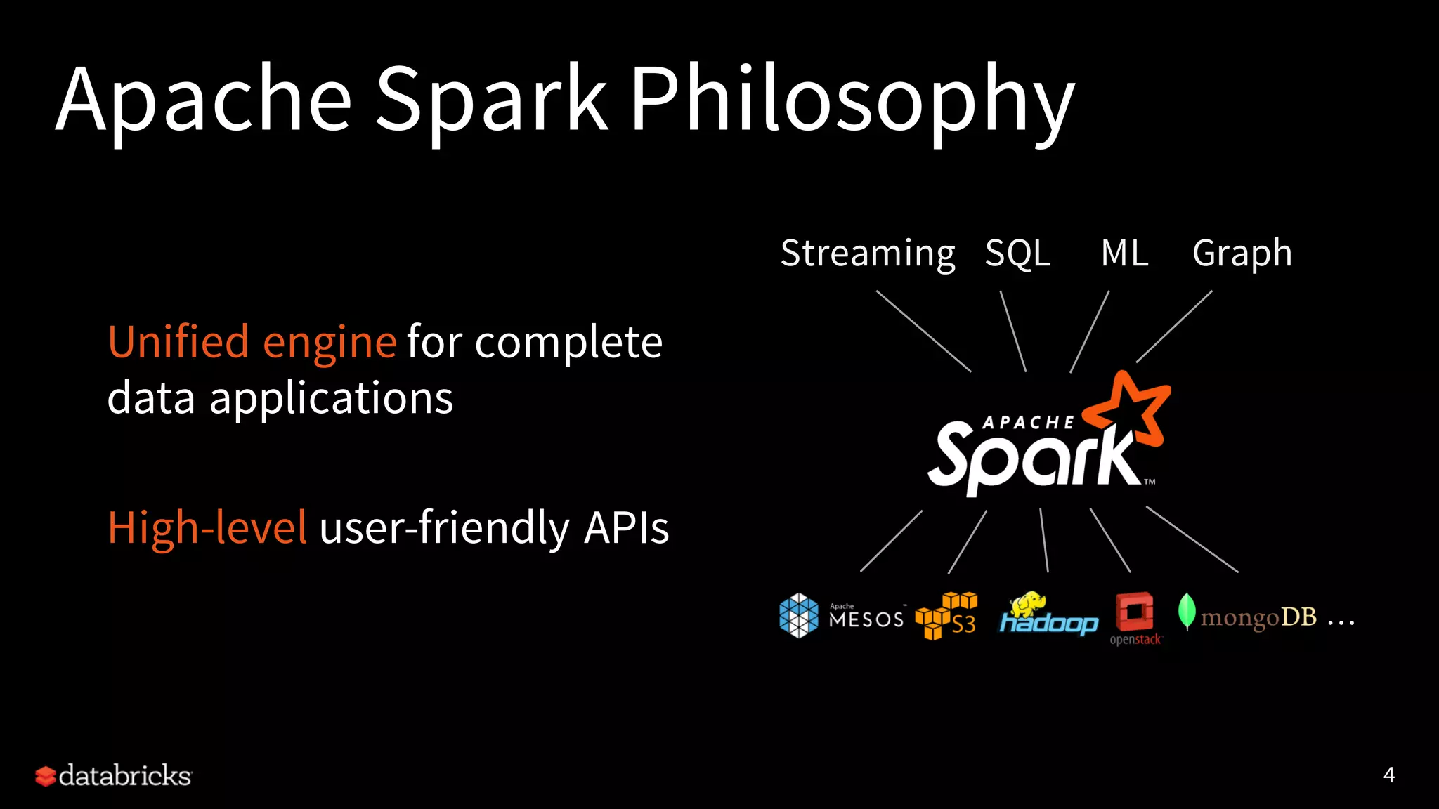 4
Apache Spark Philosophy
Unified engine for complete
data applications
High-level user-friendly APIs
SQLStreaming ML Graph
…
 
