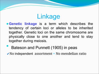 ⚫Genetic linkage is a term which describes the
tendency of certain loci or alleles to be inherited
together. Genetic loci on the same chromosome are
physically close to one another and tend to stay
together during meiosis.
⚫
Linkage
Bateson and Punnett (1905) in peas
✔No independent assortment = No mendelian ratio
 