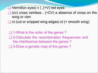 ❑ 1-What is the order of the genes ?
❑ 2-Calculate the recombination frequencies and
the interference between the genes ?
❑ 3-Draw a genetic map of the genes ?
❑ Vermilion eyes) v ( ,(+V) red eyes
❑ (cv) cross veinless , (+CV) a absence of cross on the
wing or vien
❑ ct (cut or snipped wing edges) ct (+ smooth wing)
 