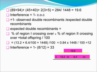 ❑ (89+94)+ (45+40)+ 2(3+5) = 284/ 1448 = 19.6
❑ Interference = 1- c.o.c
❑ =1- observed double recombinants /expected double
recombinants
❑ expected double recombinants =
❑ % of region I crossing over x % of region II crossing
over ×total offspring / 100
❑ = (13.2 × 6.4/100 × 1448) /100 = 0.84 x 1448 / 100 =12
❑ Interference = 1- (8/12) = 33
v 13.2 ct 6.4 cv
19.6
 