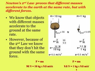Newton’s 2 nd  Law   proves that different masses accelerate to the earth at the same rate, but with different forces. We know that objects with different masses accelerate to the ground at the same rate. However, because of the 2 nd  Law we know that they don’t hit the ground with the same force. F = ma 98 N = 10 kg x 9.8 m/s/s F = ma 9.8 N = 1 kg x 9.8 m/s/s 