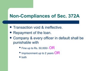 Non-Compliances of Sec. 372A Transaction void & ineffective. Repayment of the loan. Company & every officer in default shall be punishable with Fine up to Rs. 50,000/-  OR Imprisonment up to 2 years  OR   both 