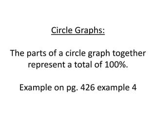 Circle Graphs:The parts of a circle graph together represent a total of 100%.Example on pg. 426 example 4