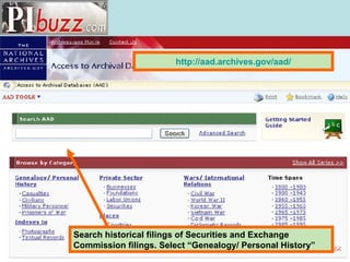 Search historical filings of Securities and Exchange Commission filings. Select “Genealogy/ Personal History” http:// aad.archives.gov/aad / 