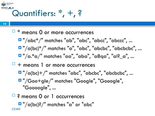 CS380
14
Quantifiers: *, +, ?
 * means 0 or more occurrences
 "/abc*/" matches "ab", "abc", "abcc", "abccc", ...
 "/a(bc)*/" matches "a", "abc", "abcbc", "abcbcbc", ...
 "/a.*a/" matches "aa", "aba", "a8qa", "a!?_a", ...
 + means 1 or more occurrences
 "/a(bc)+/" matches "abc", "abcbc", "abcbcbc", ...
 "/Goo+gle/" matches "Google", "Gooogle",
"Goooogle", ...
 ? means 0 or 1 occurrences
 "/a(bc)?/" matches "a" or "abc"
 