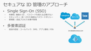 • Single Sign-On (SSO)
• 利便性: 複数の ID 、パスワードを覚える必要がない
• セキュリティ: 統一された強固なパスワードポリシー
• 管理面：認証プロセスを集中管理
• 多要素認証
• 追加の認証：コールバック、SMS、アプリ通知 / PIN
Jim.Bob@contoso.com
 
