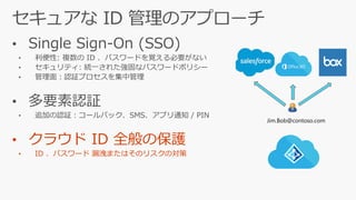 • Single Sign-On (SSO)
• 利便性: 複数の ID 、パスワードを覚える必要がない
• セキュリティ: 統一された強固なパスワードポリシー
• 管理面：認証プロセスを集中管理
• 多要素認証
• 追加の認証：コールバック、SMS、アプリ通知 / PIN
• クラウド ID 全般の保護
• ID 、パスワード 漏洩またはそのリスクの対策
Jim.Bob@contoso.com
 