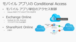 • モバイル アプリ単位のアクセス制御
• Intune MAM アプリのみアクセスを許可
• Exchange Online
• Outlook for iOS, Android
• ブラウザアクセスは計画中
• SharePoint Online
• 計画中
MAM Policy
適用
Native/3rd Party
Mail app
Outlook for
iOS, Android Exchange
Online
Azure Active Directory
 