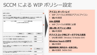 アイコン オーバーレイ
• WIP ファイルと非対応アプリにアイコン
• はいを推奨
DRA 証明書
• WIP ファイルの修復に必要
[個人用] オプション表示
• はいを推奨
デバイス ロック時にデータアクセス拒否
• いいえを推奨（Windows 10 Mobile のみ）
Windows Search の許可
• はいを推奨
登録解除時に暗号化キーを取り消し
• はいを推奨（MDM のみ）
 