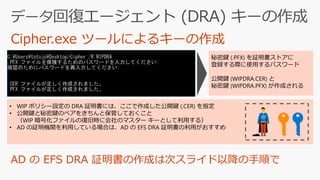 秘密鍵 (.PFX) を証明書ストアに
登録する際に使用するパスワード
公開鍵 (WIPDRA.CER) と
秘密鍵 (WIPDRA.PFX) が作成される
• WIP ポリシー設定の DRA 証明書には、ここで作成した公開鍵 (.CER) を指定
• 公開鍵と秘密鍵のペアをきちんと保管しておくこと
（WIP 暗号化ファイルの復旧時に会社のマスター キーとして利用する）
• AD の証明機関を利用している場合は、AD の EFS DRA 証明書の利用がおすすめ
 