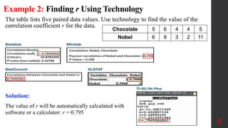 Example 2: Finding r Using Technology
The table lists five paired data values. Use technology to find the value of the
correlation coefficient r for the data.
Chocolate 5 6 4 4 5
Nobel 6 9 3 2 11
9
Solution:
The value of r will be automatically calculated with
software or a calculator: r = 0.795
 