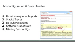 Misconﬁguration & Error Handler
❏ Unnecessary enable ports
❏ Stacks Traces
❏ Default Passwords
❏ Software Out of Date
❏ Missing Sec conﬁgs
 