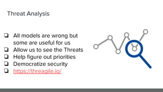 Threat Analysis
❏ All models are wrong but
some are useful for us
❏ Allow us to see the Threats
❏ Help ﬁgure out priorities
❏ Democratize security
❏ https://threagile.io/
 