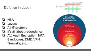 Defense in depth
❏ NSA
❏ Layers
❏ All IT systems
❏ It’s all about redundancy
❏ AV, Auth, Encryption, MFA,
Sandboxes, DMZ, VPN,
Firewalls, etc...
 