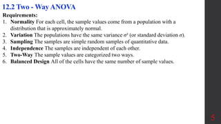 5
12.2 Two - Way ANOVA
Requirements:
1. Normality For each cell, the sample values come from a population with a
distribution that is approximately normal.
2. Variation The populations have the same variance σ² (or standard deviation σ).
3. Sampling The samples are simple random samples of quantitative data.
4. Independence The samples are independent of each other.
5. Two-Way The sample values are categorized two ways.
6. Balanced Design All of the cells have the same number of sample values.
 