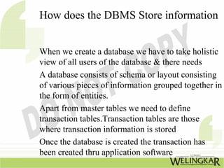 How does the DBMS Store information


When we create a database we have to take holistic
view of all users of the database & there needs
A database consists of schema or layout consisting
of various pieces of information grouped together in
the form of entities.
Apart from master tables we need to define
transaction tables.Transaction tables are those
where transaction information is stored
Once the database is created the transaction has
been created thru application software
 