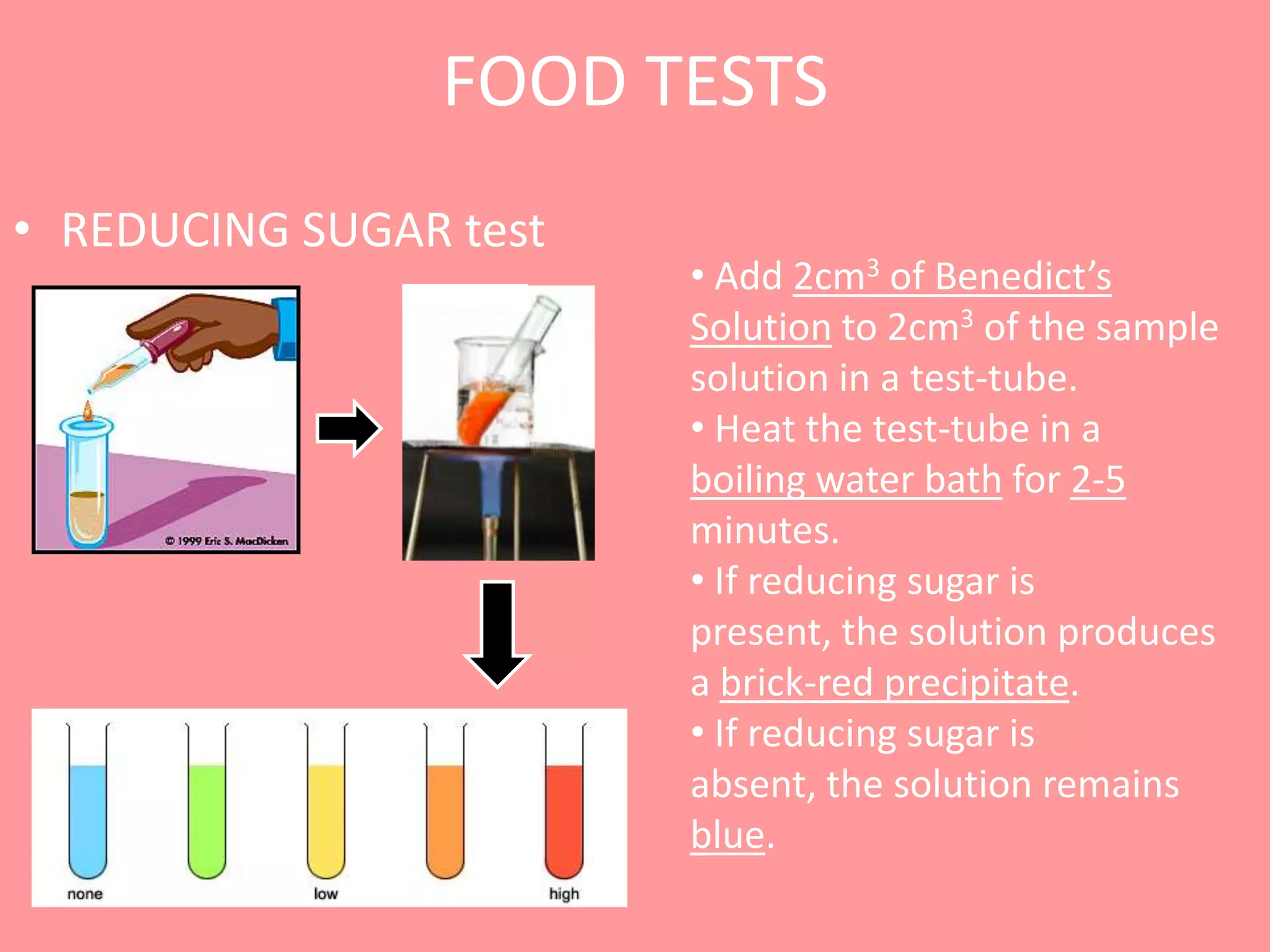 FOOD TESTS
• REDUCING SUGAR test
                        • Add 2cm3 of Benedict’s
                        Solution to 2cm3 of the sample
                        solution in a test-tube.
                        • Heat the test-tube in a
                        boiling water bath for 2-5
                        minutes.
                        • If reducing sugar is
                        present, the solution produces
                        a brick-red precipitate.
                        • If reducing sugar is
                        absent, the solution remains
                        blue.
 