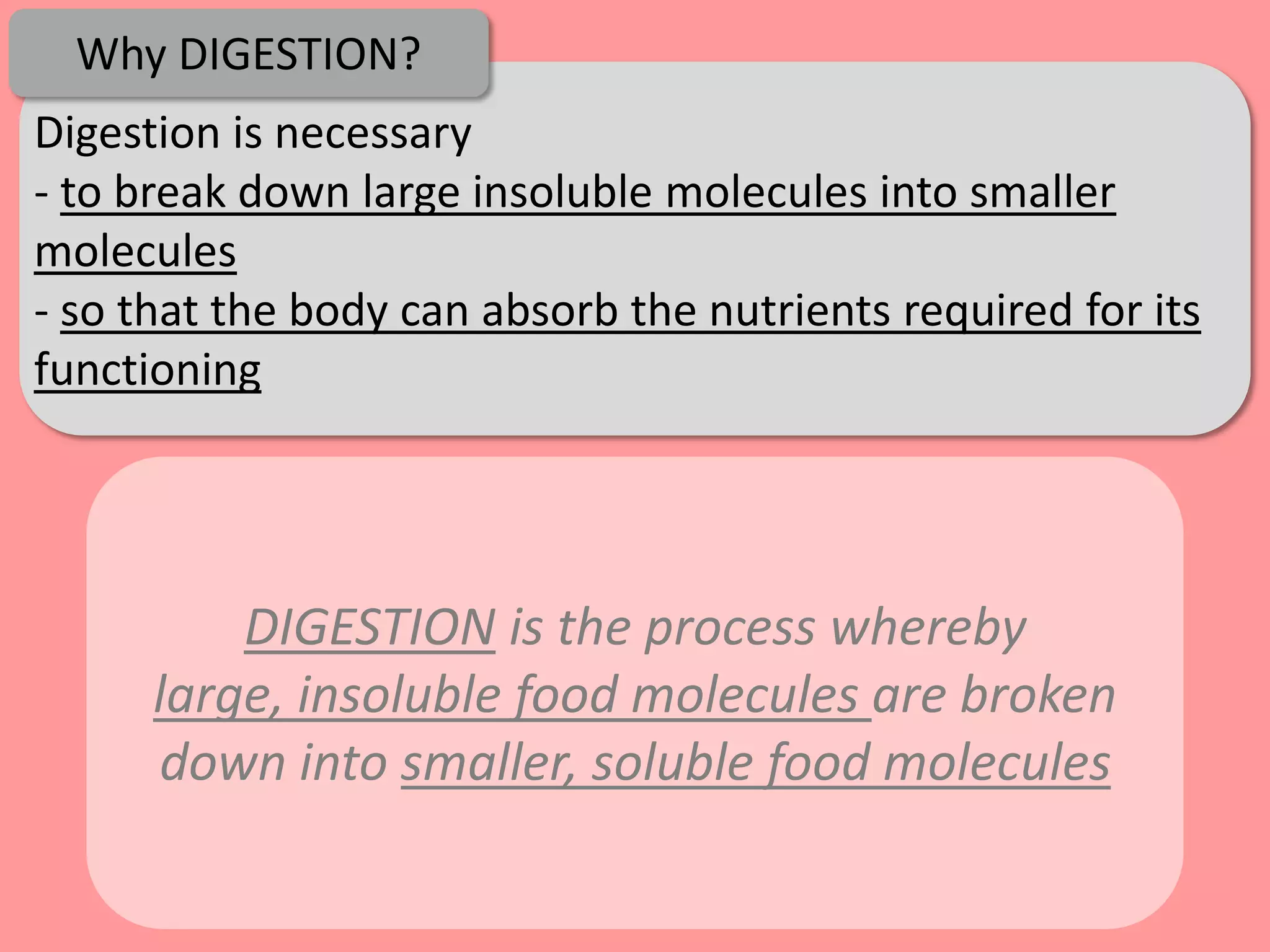 Why DIGESTION?
Digestion is necessary
- to break down large insoluble molecules into smaller
molecules
- so that the body can absorb the nutrients required for its
functioning




          DIGESTION is the process whereby
      large, insoluble food molecules are broken
      down into smaller, soluble food molecules
 