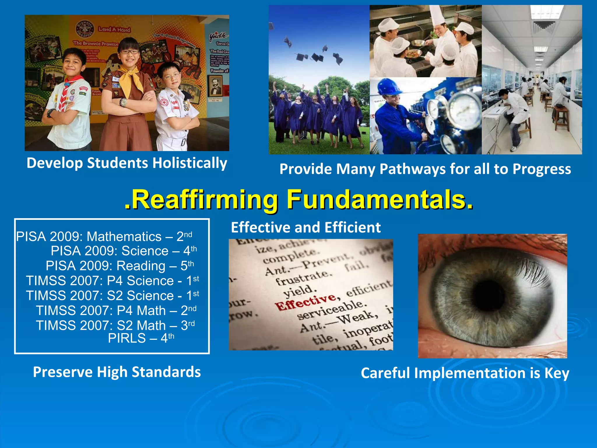 .Reaffirming Fundamentals. Develop Students Holistically Provide Many Pathways for all to Progress PISA 2009: Science – 4 th   PISA 2009: Reading – 5 th   TIMSS 2007: P4 Science - 1 st   PIRLS – 4 th   Preserve High Standards Careful Implementation is Key Effective and Efficient PISA 2009: Mathematics – 2 nd   TIMSS 2007: S2 Science - 1 st   TIMSS 2007: P4 Math – 2 nd   TIMSS 2007: S2 Math – 3 rd   