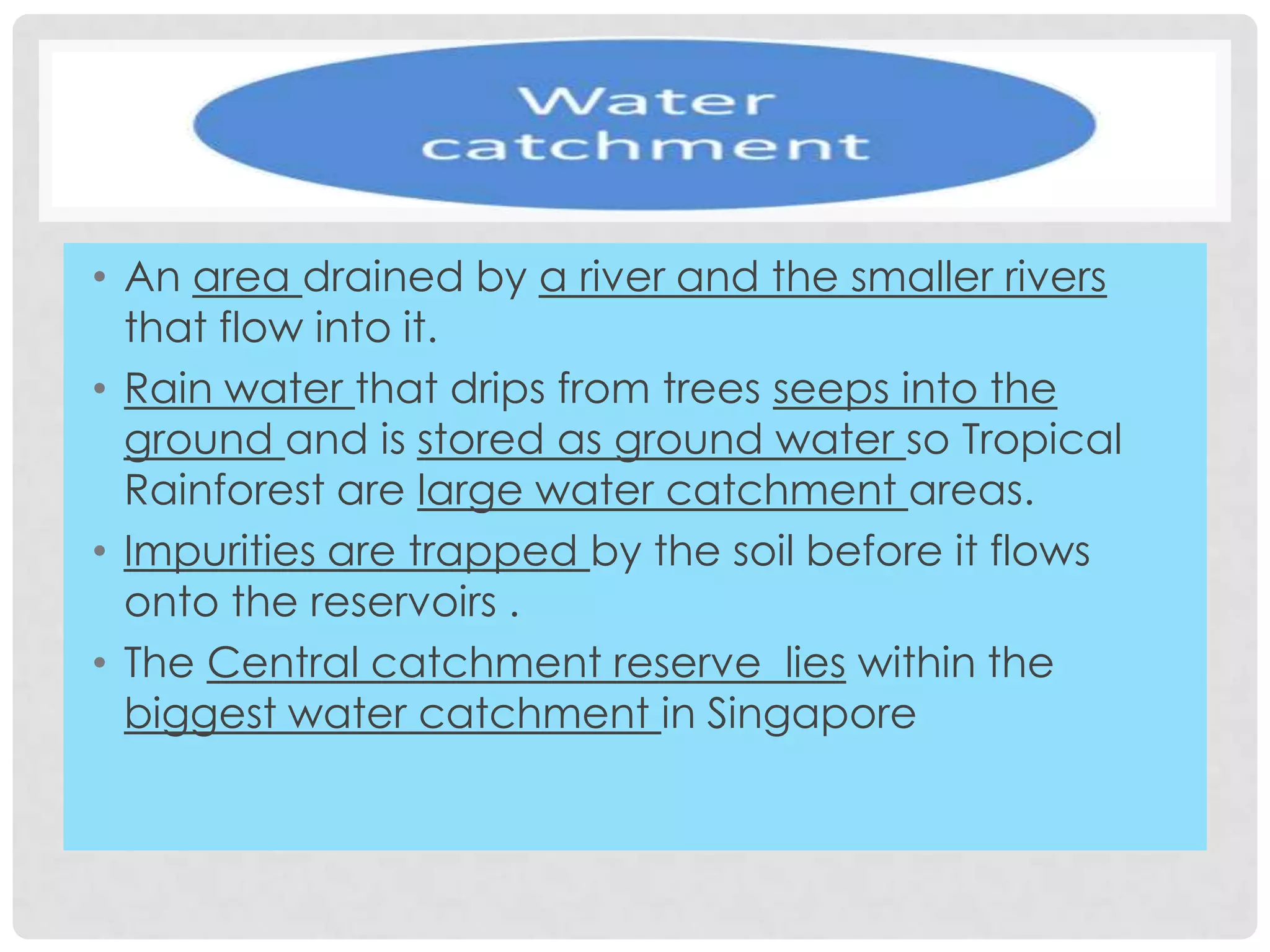 • An area drained by a river and the smaller rivers
that flow into it.
• Rain water that drips from trees seeps into the
ground and is stored as ground water so Tropical
Rainforest are large water catchment areas.
• Impurities are trapped by the soil before it flows
onto the reservoirs .
• The Central catchment reserve lies within the
biggest water catchment in Singapore

 