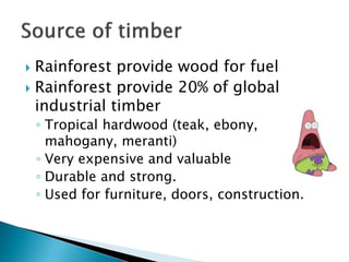  Rainforest provide wood for fuel
 Rainforest provide 20% of global
industrial timber
◦ Tropical hardwood (teak, ebony,
mahogany, meranti)
◦ Very expensive and valuable
◦ Durable and strong.
◦ Used for furniture, doors, construction.
 
