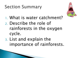 1. What is water catchment?
2. Describe the role of
rainforests in the oxygen
cycle.
3. List and explain the
importance of rainforests.
 