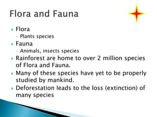  Flora
◦ Plants species
 Fauna
◦ Animals, insects species
 Rainforest are home to over 2 million species
of Flora and Fauna.
 Many of these species have yet to be properly
studied by mankind.
 Deforestation leads to the loss (extinction) of
many species
 