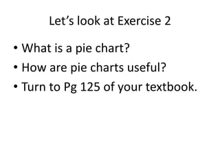 Let’s look at Exercise 2
• What is a pie chart?
• How are pie charts useful?
• Turn to Pg 125 of your textbook.
 