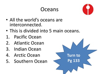 Oceans
• All the world’s oceans are
interconnected.
• This is divided into 5 main oceans.
1. Pacific Ocean
2. Atlantic Ocean
3. Indian Ocean
4. Arctic Ocean
5. Southern Ocean
Turn to
Pg 133
 