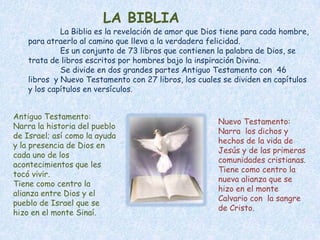 LA BIBLIA
La Biblia es la revelación de amor que Dios tiene para cada hombre,
para atraerlo al camino que lleva a la verdadera felicidad.
Es un conjunto de 73 libros que contienen la palabra de Dios, se
trata de libros escritos por hombres bajo la inspiración Divina.
Se divide en dos grandes partes Antiguo Testamento con 46
libros y Nuevo Testamento con 27 libros, los cuales se dividen en capítulos
y los capítulos en versículos.
Antiguo Testamento:
Narra la historia del pueblo
de Israel; así como la ayuda
y la presencia de Dios en
cada uno de los
acontecimientos que les
tocó vivir.
Tiene como centro la
alianza entre Dios y el
pueblo de Israel que se
hizo en el monte Sinaí.
Nuevo Testamento:
Narra los dichos y
hechos de la vida de
Jesús y de las primeras
comunidades cristianas.
Tiene como centro la
nueva alianza que se
hizo en el monte
Calvario con la sangre
de Cristo.
 
