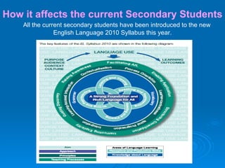 How it affects the current Secondary Students All the current secondary students have been introduced to the new  English Language 2010 Syllabus this year. 