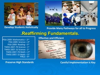 .Reaffirming Fundamentals. Develop Students Holistically Provide Many Pathways for all to Progress PISA 2009: Science – 4 th   PISA 2009: Reading – 5 th   TIMSS 2007: P4 Science - 1 st   PIRLS – 4 th   Preserve High Standards Careful Implementation is Key Effective and Efficient PISA 2009: Mathematics – 2 nd   TIMSS 2007: S2 Science - 1 st   TIMSS 2007: P4 Math – 2 nd   TIMSS 2007: S2 Math – 3 rd   