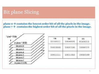23
Bit plane Slicing
plane 0  contains the lowest order bit of all the pixels in the image.
plane 7  contains the highest order bit of all the pixels in the image.
 