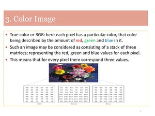 5
3. Color Image
 True color or RGB: here each pixel has a particular color, that color
being described by the amount of red, green and blue in it.
 Such an image may be considered as consisting of a stack of three
matrices; representing the red, green and blue values for each pixel.
 This means that for every pixel there correspond three values.
 