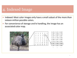 6
4. Indexed Image
 Indexed: Most color images only have a small subset of the more than
sixteen million possible colors.
 For convenience of storage and le handling, the image has an
associated color map.
 
