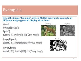 8
Example 4
Given the image ’’Lion.jpg’’, write a Matlab program to generate all
different image types and display all of them.
 