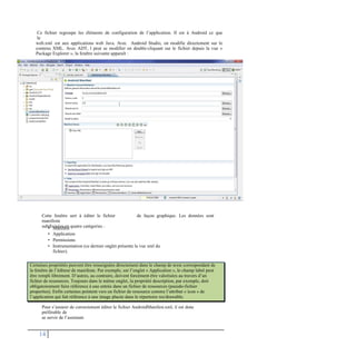 Ce fichier regroupe les éléments de configuration de l’application. Il est à Android ce que
le
web.xml est aux applications web Java. Avec Android Studio, on modifie directement sur le
contenu XML. Avec ADT, l peut se modifier en double-cliquant sur le fichier depuis la vue «
Package Explorer », la fenêtre suivante apparaît :
Cette fenêtre sert à éditer le fichier
manifeste
subdivisées en quatre catégories :
de façon graphique. Les données sont
•
•
•
•
Manifest
Application
Permissions
Instrumentation (ce dernier onglet présente la vue xml du
fichier).
Pour s’assurer de correctement éditer le fichier AndroidManifest.xml, il est donc
préférable de
se servir de l’assistant.
14
Certaines propriétés peuvent être renseignées directement dans le champ de texte correspondant de
la fenêtre de l’éditeur de manifeste. Par exemple, sur l’onglet « Application », le champ label peut
être rempli librement. D’autres, au contraire, doivent forcément être valorisées au travers d’un
fichier de ressources. Toujours dans le même onglet, la propriété description, par exemple, doit
obligatoirement faire référence à une entrée dans un fichier de ressources (pseudo-fichier
properties). Enfin certaines pointent vers un fichier de ressource comme l’attribut « icon » de
l’application qui fait référence à une image placée dans le répertoire res/drawable.
 