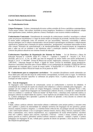 ANEXO III
CONTEÚDOS PROGRAMÁTICOS
Função: Professor de Educação Básica
A – Conhecimentos Gerais
Língua Portuguesa – Leitura e interpretação de textos verbais extraídos de livros e periódicos contemporâneos.
Textos mistos verbais / não-verbais, incluindo os textos imagéticos. Semântica e o sentido das palavras: relação
entre significantes (sinais, símbolos, palavras e frases). Pontuação e seus recursos sintático-semânticos.
Conhecimentos Contextuais - Entendimento da construção do conhecimento científico, tecnológico e cultural
como um processo sóciohistórico e o lugar do ensino médio na formação da juventude, inserido nesse contexto.
O ensino médio configurado como um momento em que necessidades, interesses, curiosidades e saberes
diversos dialogam com os saberes sistematizados e devem produzir aprendizagens socialmente e subjetivamente
significativas, próprias para a formação de sujeitos autônomos, protagonistas e eticamente interessados no bem
estar comum. Princípios da contextualização e da interdisciplinaridade no desenvolvimento da competência
para o saber em uso no cotidiano e nas inferências sobre a construção científica. Inclusão e exclusão no
contexto das práticas educativas nos sistemas formais de educação.
Conhecimentos Específicos da Organização dos Sistemas de Ensino – Lei de Diretrizes e Bases da
Educação Nacional nº 9.394/96: Título IV e Título V – Capítulos I, Capítulo II – Secções I, IV, IV-A,
(Incluído pela Lei nº 11.741, de 2008, que trata da integração do ensino médio com ensino profissional) e
Secção V. Lei nº 11.769/2008 – Ensino de Música nas escolas: implicações, consensos e dissensos. Decreto nº
7.083/2010 – Educação Integral no Brasil: o legado de Anísio Teixeira na atualidade: novas perspectivas.
Diretrizes Curriculares Nacionais para o Ensino Médio e a (re) configuração de conteúdos. O papel dos PCN no
ordenamento de conteúdos para a escola de ensino médio. A Portaria/SEC nº 1.128/2010, de 27 de janeiro
2010, publicada no Diário Oficial do Estado em 28 de janeiro de 2010.
B – Conhecimento para os componentes curriculares – Os conteúdos disciplinares estarão submetidos aos
focos dados para cada uma das áreas de conhecimento correspondente, na forma como se segue. As referências
por componente curricular específico se submetem aos próprios focos. A prática pedagógica será alvo de
avaliação em todas as provas.
B.1 - Área de Linguagens
As linguagens como instrumento de comunicação, acesso ao conhecimento e exercício da cidadania. A
consideração da construção do sujeito nas relações inter-subjetivas e coletivas mediadas pelas linguagens – em
qualquer um dos campos de ensino em Língua Portuguesa, Literatura Brasileira, Educação Física e Arte,
sublinhando-se o papel dessas linguagens nas manifestações culturais diversas, a exemplo de: compreensão de
textos no cotidiano e o sentido da “leitura do mundo” de Paulo Freire; a literatura como expressão estética; as
paisagens culturais na subjetividade dos sujeitos; o lazer implícito nas atividades físicas, dentre outras. Ressalta-
se, a prática pedagógica deve apreender a garantia do direito de aprender; a ética docente no contexto das
relações de aprendizagem.
• Arte
Cidade, cultura e práticas culturais: intervenções urbanas e ambientais como projeto poético; o encontro entre
arte e público; a poética da materialidade nos múltiplos territórios das linguagens da arte (pictórica, gestual,
musical, corporal, recitativa, imagética...); o desfrute frente à obra de arte, em qualquer uma das suas linguagens
e arte e intervenções urbanas: a rua e as paisagens culturais (murais, musica, dança, festivais, exposições, teatro,
folias e pantomimas, circo, marcos arquitetônicos, etc.); equipamentos de escuta artístico-poético: encontros
entre arte e público, espaços para concerto, exposições e festivais – coretos e arenas, cinemas, projetos de
poética pessoal ou coletiva; patrimônio artístico-cultural: imaterial e material – tradição e ruptura. A prática
pedagógica em linguagens da arte, voltada para a garantia do direito de aprender; a ética docente no contexto
das relações de aprendizagem.
 