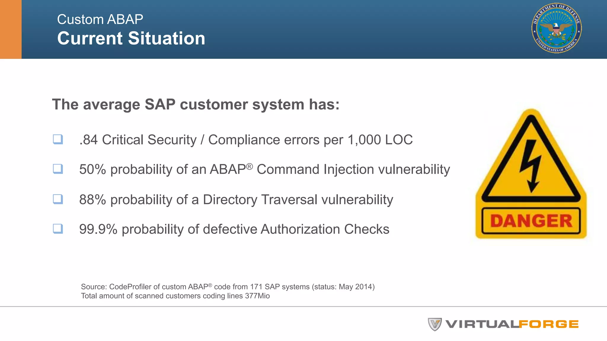 Custom ABAP 
Current Situation 
The average SAP customer system has: 
q .84 Critical Security / Compliance errors per 1,000 LOC 
q 50% probability of an ABAP® Command Injection vulnerability 
q 88% probability of a Directory Traversal vulnerability 
q 99.9% probability of defective Authorization Checks 
Source: CodeProfiler of custom ABAP® code from 171 SAP systems (status: May 2014) 
Total amount of scanned customers coding lines 377Mio 
 