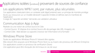 tech.days 2015#mstechdaysSESSION SEC203
Les applications WP8.1 sont, par nature, plus sécurisées.
Ces applications s’exécutent dans un contexte isolé (AppContainer) avec un principe de moindre privilège
Accès aux ressources sur un modèle déclaratif. Capacités limitées et définies dans le manifeste de
l’application
L’usage de “capacités sensibles” demande une validation utilisateur
Communication App à App
Réalisée via une notion de contrat Source et Cible
- Contrat Source : IE dispose d’un contrat Source afin de partager des URL, Image(s), etc
- Contrat Cible : Mail déclare sa capacité à recevoir de l’information et la formater
Applications isolées (sandboxed) provenant de sources de confiance
Windows Phone Store
Toutes les applications Windows Phone 8.1 doivent être signées
Elles doivent être acquises via le Windows Phone Store ou au travers des processus de diffusion Entreprise
Ces applications suivent un processus de certification (Store)
Une application peut être révoquée des terminaux en cas de souci
 