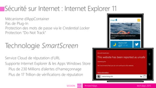 tech.days 2015#mstechdaysSESSION SEC203
Mécanisme d’AppContainer
Pas de Plug-In
Protection des mots de passe via le Credential Locker
Protection “Do Not Track”
Technologie SmartScreen
Service Cloud de réputation d’URL
Supporte Internet Explorer & les Apps Windows Store
Plus de 230 Millions d’alertes d’hameçonnage
Plus de 17 Trillion de vérifications de réputation
 