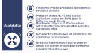 Fonctionne avec les principales applications et
services à demeure
Prends en charge AD FS ainsi que les
applications basées sur SAML (pour la
fédération vers le Cloud)
Directement intégré avec Windows Azure
Active Directory pour une utilisation avec des
applications cloud

SDK pour l’intégration avec les annuaires et les
applications personnalisées
Un service fiable et évolutif pour prendre en
charge des scénarii critiques pour l’entreprise
avec une volumétrie élevée

 