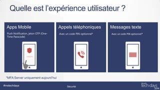 Quelle est l’expérience utilisateur ?

*MFA Server uniquement aujourd’hui
#mstechdays

Sécurité

 