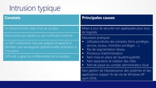 Intrusion typique
Constats

Principales causes

La compromission date d’un an ou plus

Mises à jour de sécurité non appliquées pour tous
les logiciels

Découverte par hasard ou par notification externe
Le DRP traditionnel n’est pas adapté (incapacité à
identifier une sauvegarde opérationnelle antérieure à
l’intrusion)
Difficulté à gérer la confidentialité de la situation

Mauvaises pratiques:
 Utilisation/droits des comptes (forts privilèges,
service, locaux, moindres privilèges, ...)
 Pas de segmentation réseau
 Processus d’administration
 Non mise en place de l’audit/traçabilité
 Non separation et rotation des rôles
 Mot de passe du compte administrateur local
Non gestion de l’obsolescence des systèmes et des
applications (rappel: fin de vie de Windows XP
(avril 2014)

 