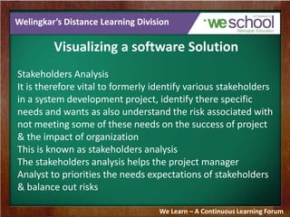 Welingkar’s Distance Learning Division
Visualizing a software Solution
Stakeholders Analysis
It is therefore vital to formerly identify various stakeholders
in a system development project, identify there specific
needs and wants as also understand the risk associated with
not meeting some of these needs on the success of project
& the impact of organization
This is known as stakeholders analysis
The stakeholders analysis helps the project manager
Analyst to priorities the needs expectations of stakeholders
& balance out risks
We Learn – A Continuous Learning Forum
 
