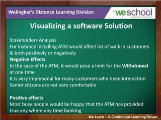 Welingkar’s Distance Learning Division
Visualizing a software Solution
Stakeholders Analysis
For instance Installing ATM would affect lot of walk in customers
& both positively or negatively
Negative Effects
In the case of the ATM, it would pose a limit for the Withdrawal
at one time
It is very impersonal for many customers who need interaction
Senior citizens are not very comfortable
Positive effects
Most busy people would be happy that the ATM has provided
true any where any time banking
We Learn – A Continuous Learning Forum
 